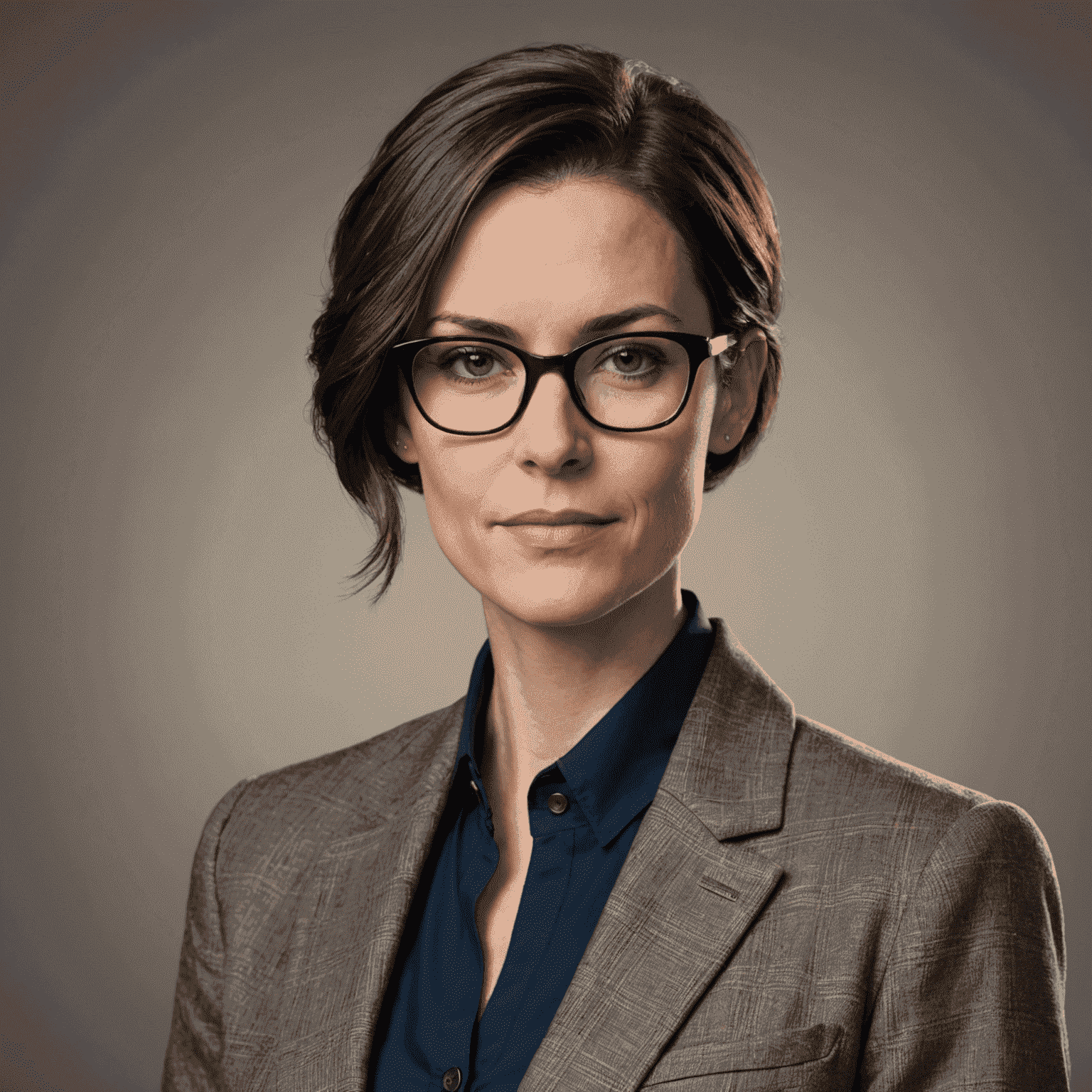 Portrait of Sarah Thompson, a woman in her mid-30s with short brown hair and glasses, wearing a professional blazer