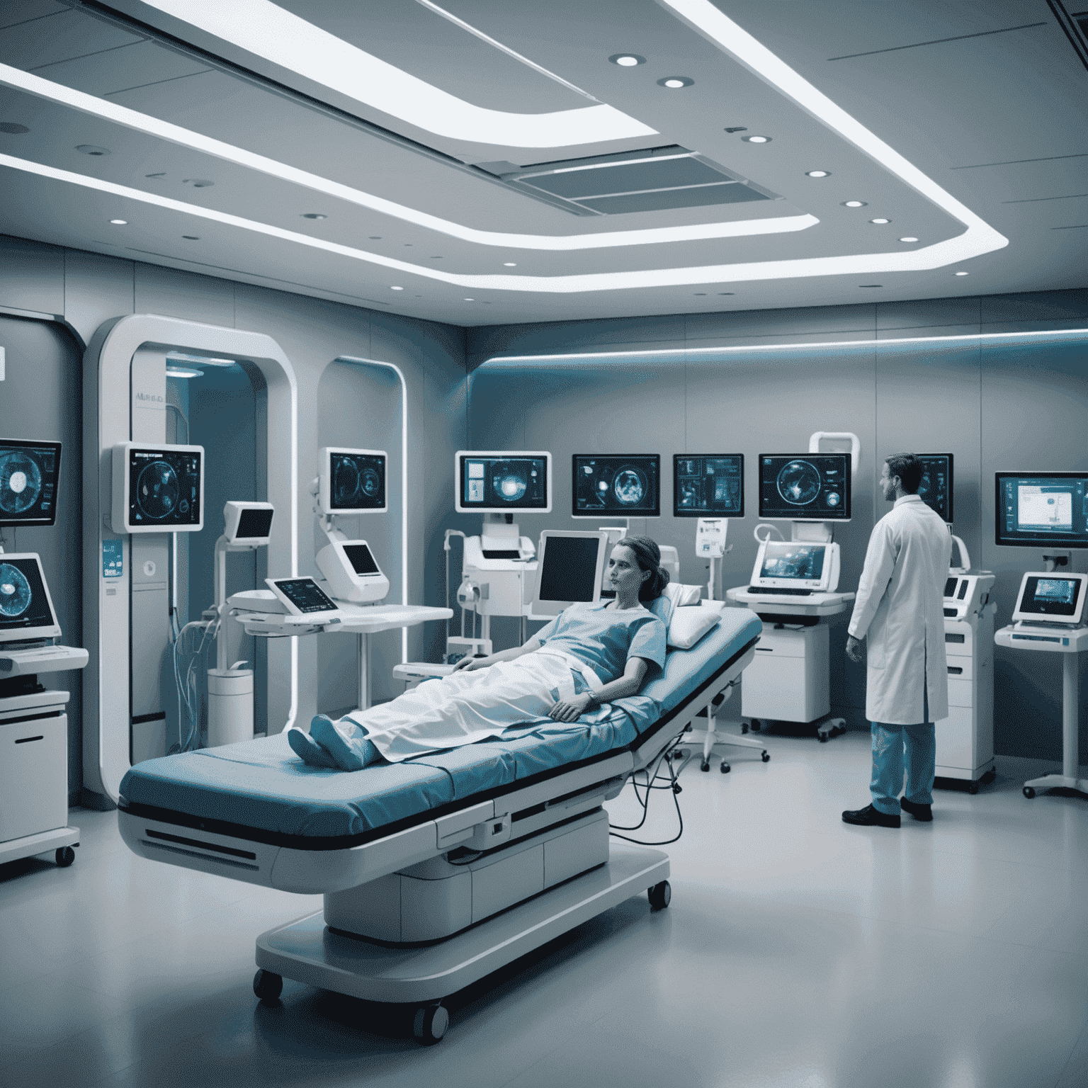 A futuristic medical facility with AI-powered diagnostic equipment and robotic assistants working alongside human medical professionals in an NHS hospital