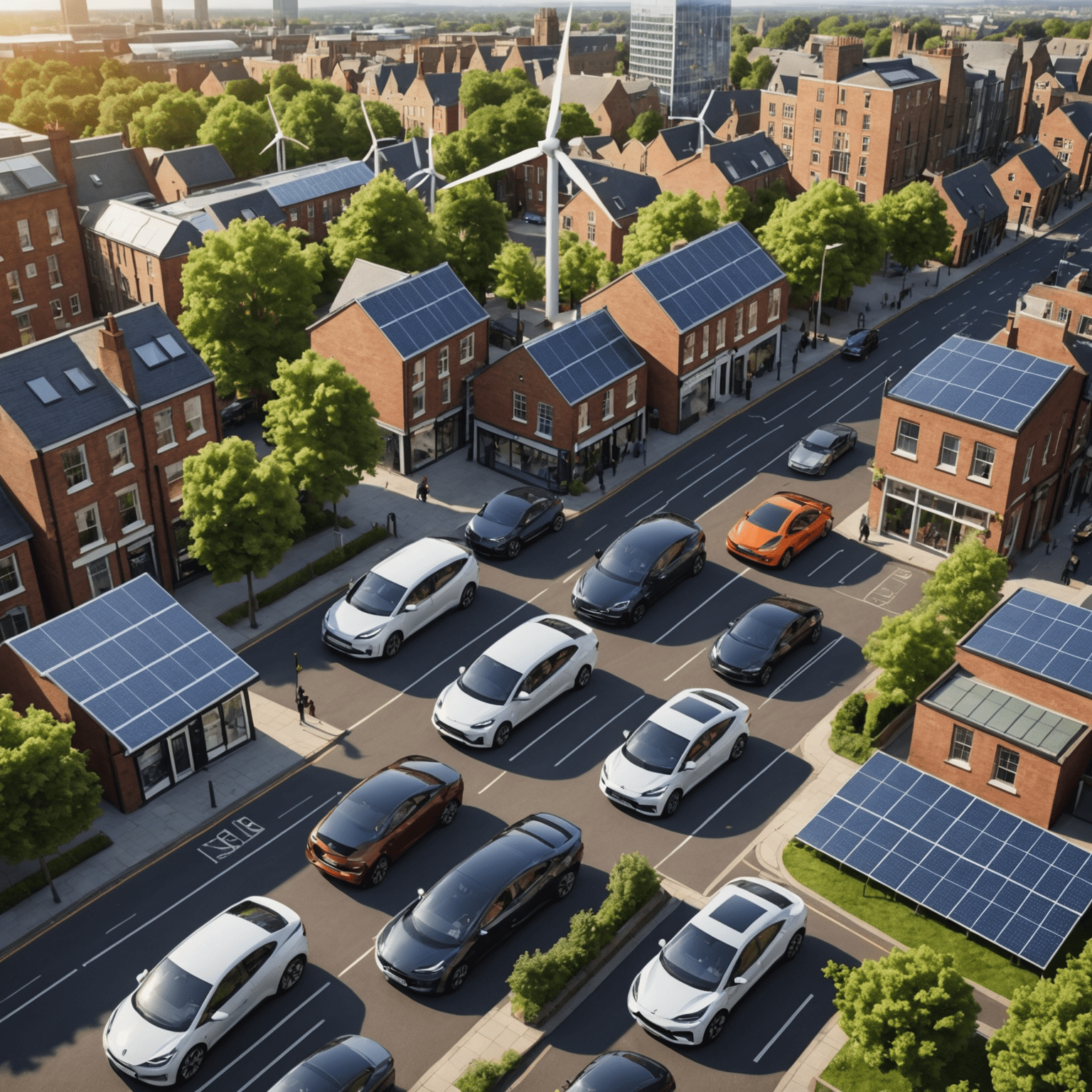 A collage of sustainable technology innovations including solar panels, wind turbines, and electric vehicles in a UK cityscape