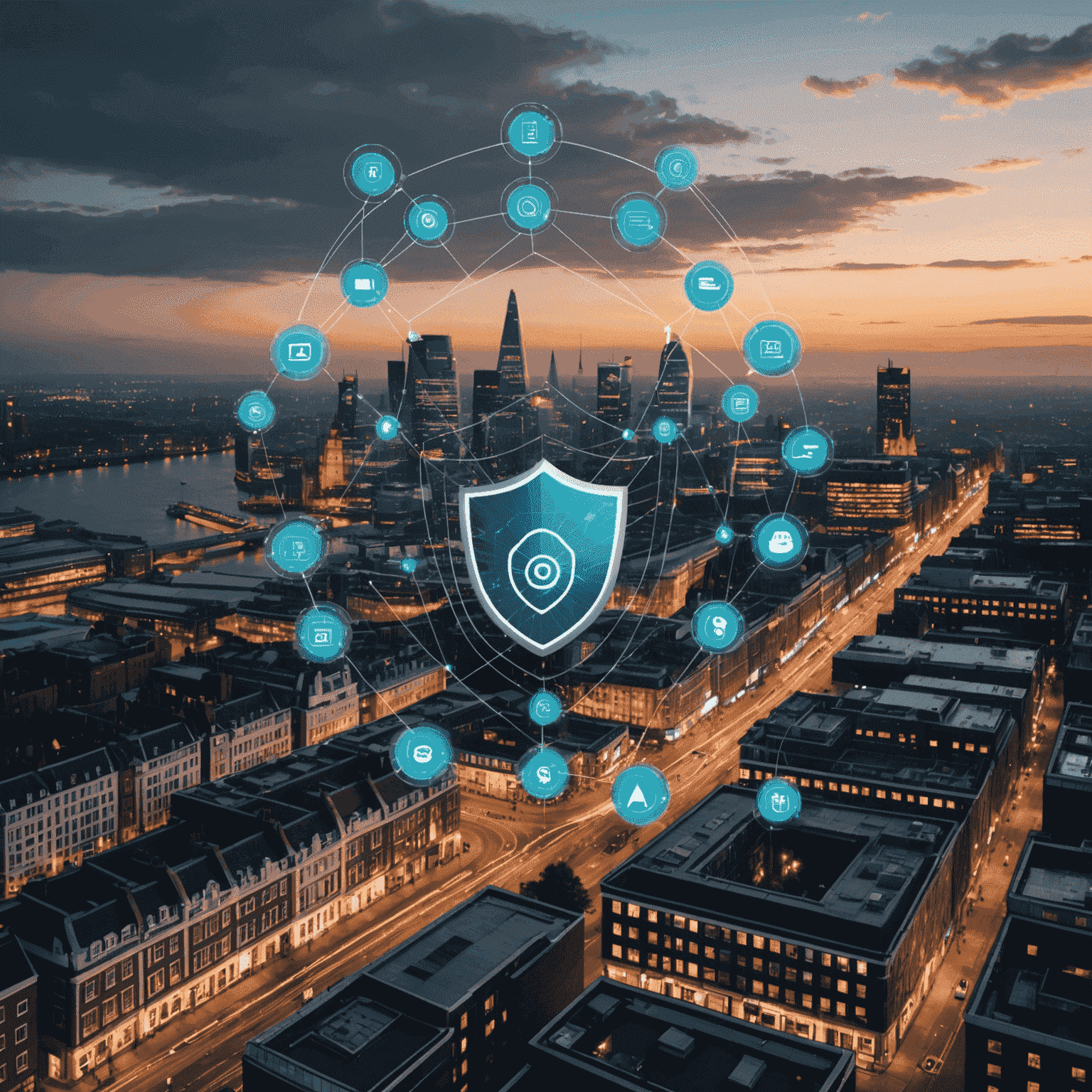 A network of interconnected IoT devices with a shield symbolizing cybersecurity protection, set against a backdrop of a modern UK cityscape