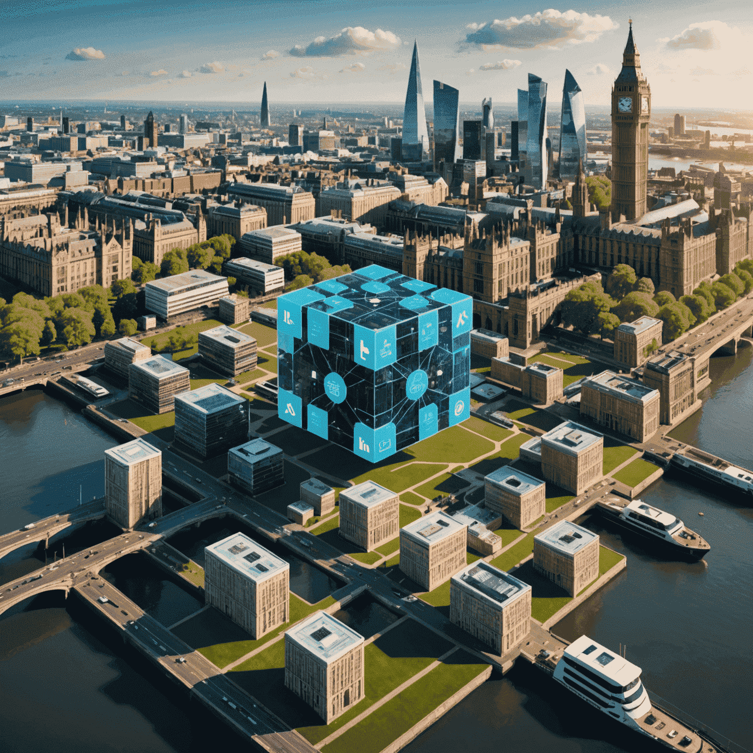 A visual representation of blockchain technology with interconnected blocks spreading across various sectors like finance, supply chain, and government services, with UK landmarks in the background