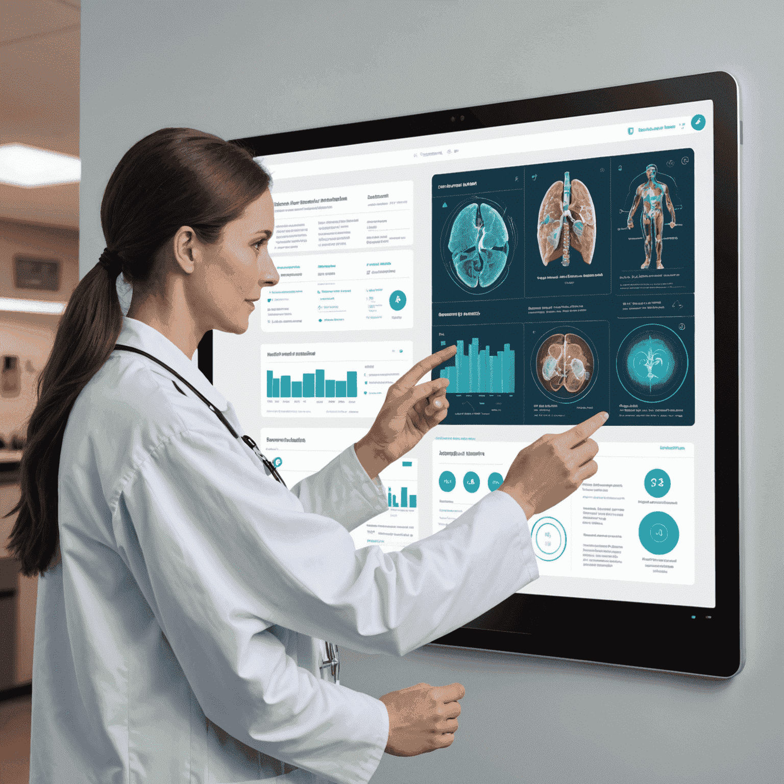 A doctor and patient reviewing a personalized treatment plan on a large touchscreen display showing AI-generated health insights and recommendations