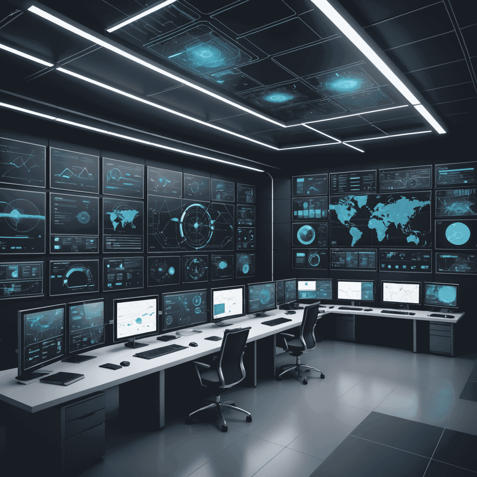 A futuristic control room with multiple screens displaying smart grid data and energy flow diagrams