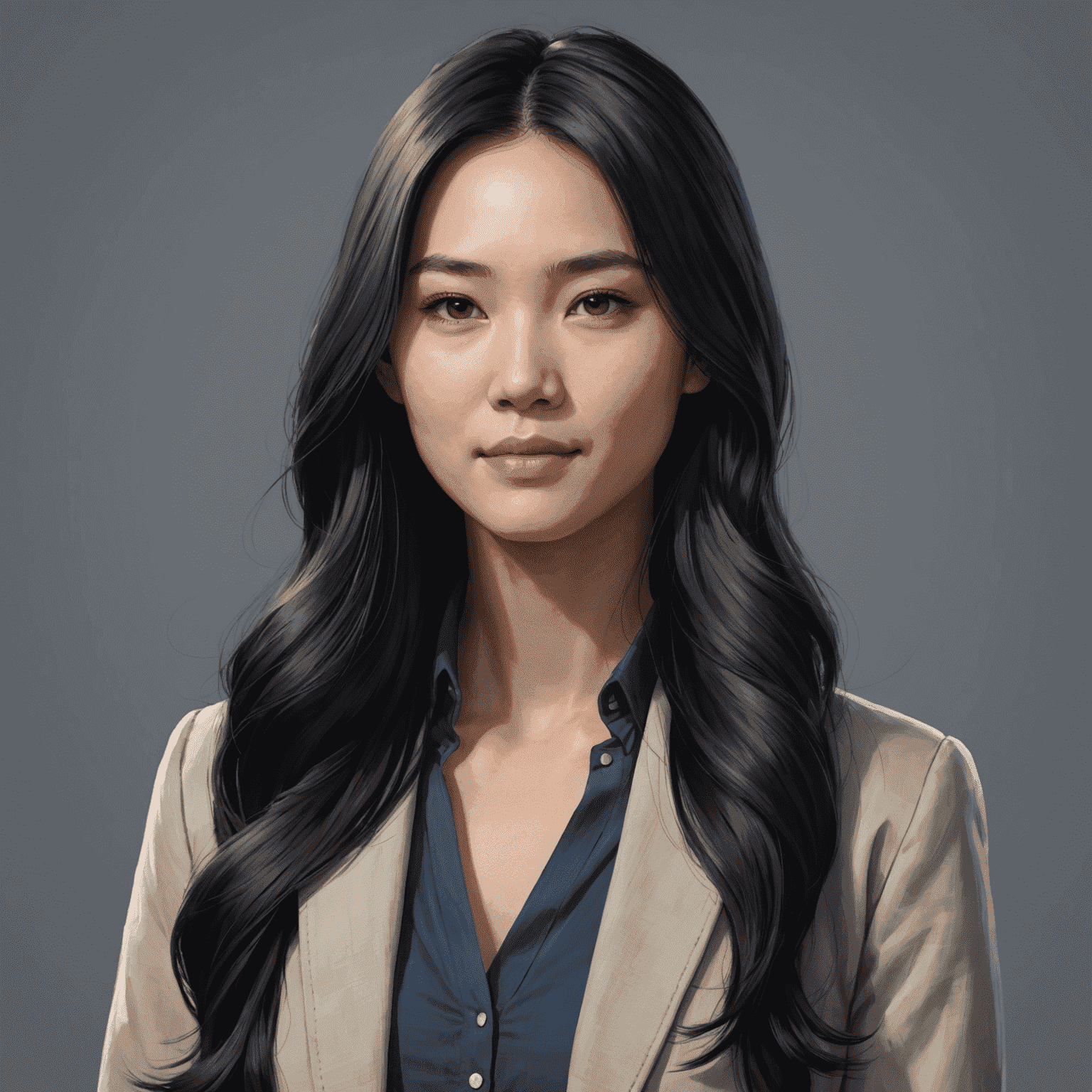 Portrait of Emily Chen, a woman in her late 20s with long black hair, wearing a smart casual outfit