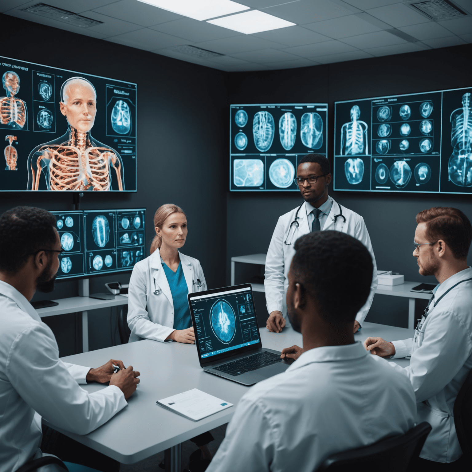 A diverse group of medical professionals engaged in a training session on AI technologies, with holographic displays showing various AI applications in healthcare