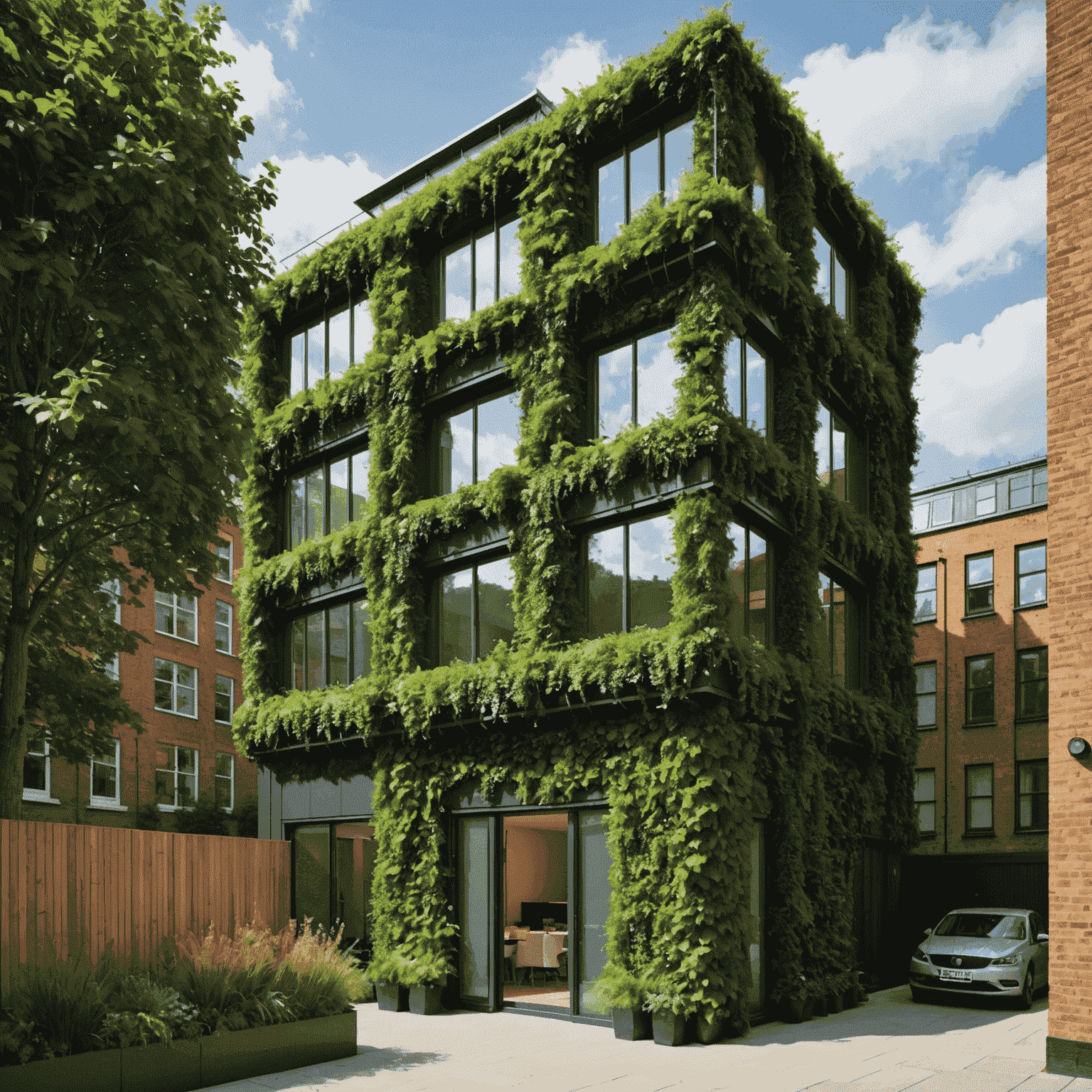 A modern, eco-friendly building in London with green walls, solar panels, and rainwater harvesting systems